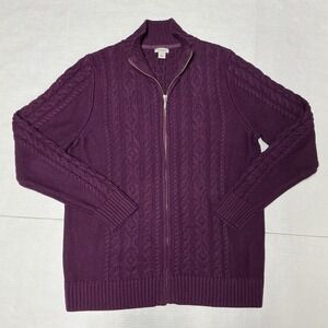 LL Bean Womens Cable Knit Full Zip Sweater Sz L Heavy Weight Mock Neck Purple